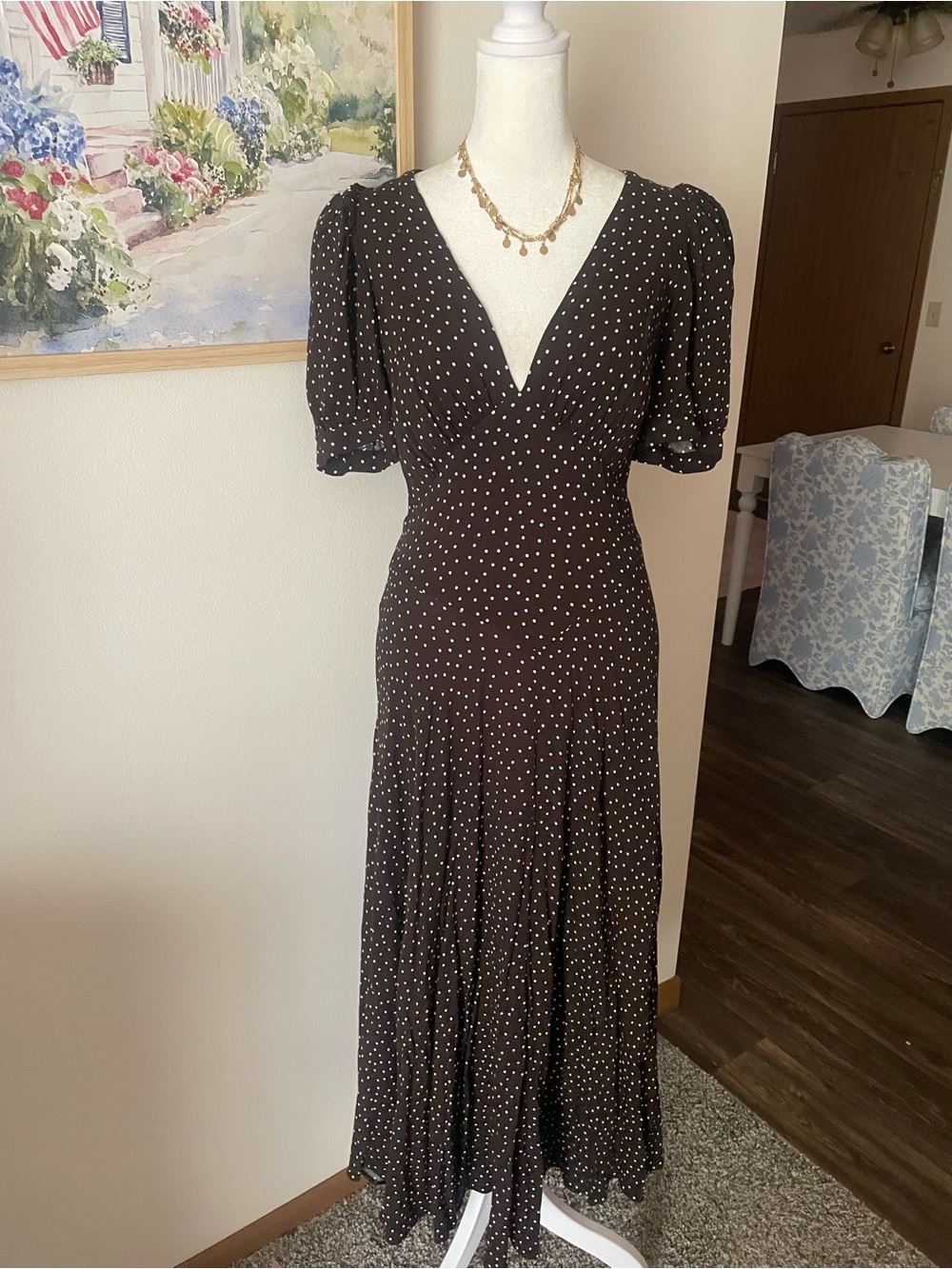 Reformation Naira Dress Polka Dot Midi Brown White US 6 - Picture 3 of 7